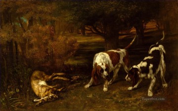 Rabbit Bunny Hare Painting - Gustave Courbet Hunting Dogs with Dead Hare